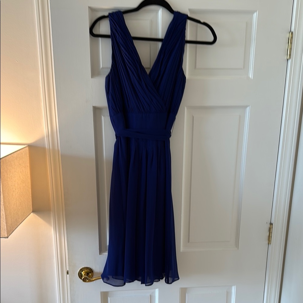 Blue and White Pleated Wrap Midi Dress